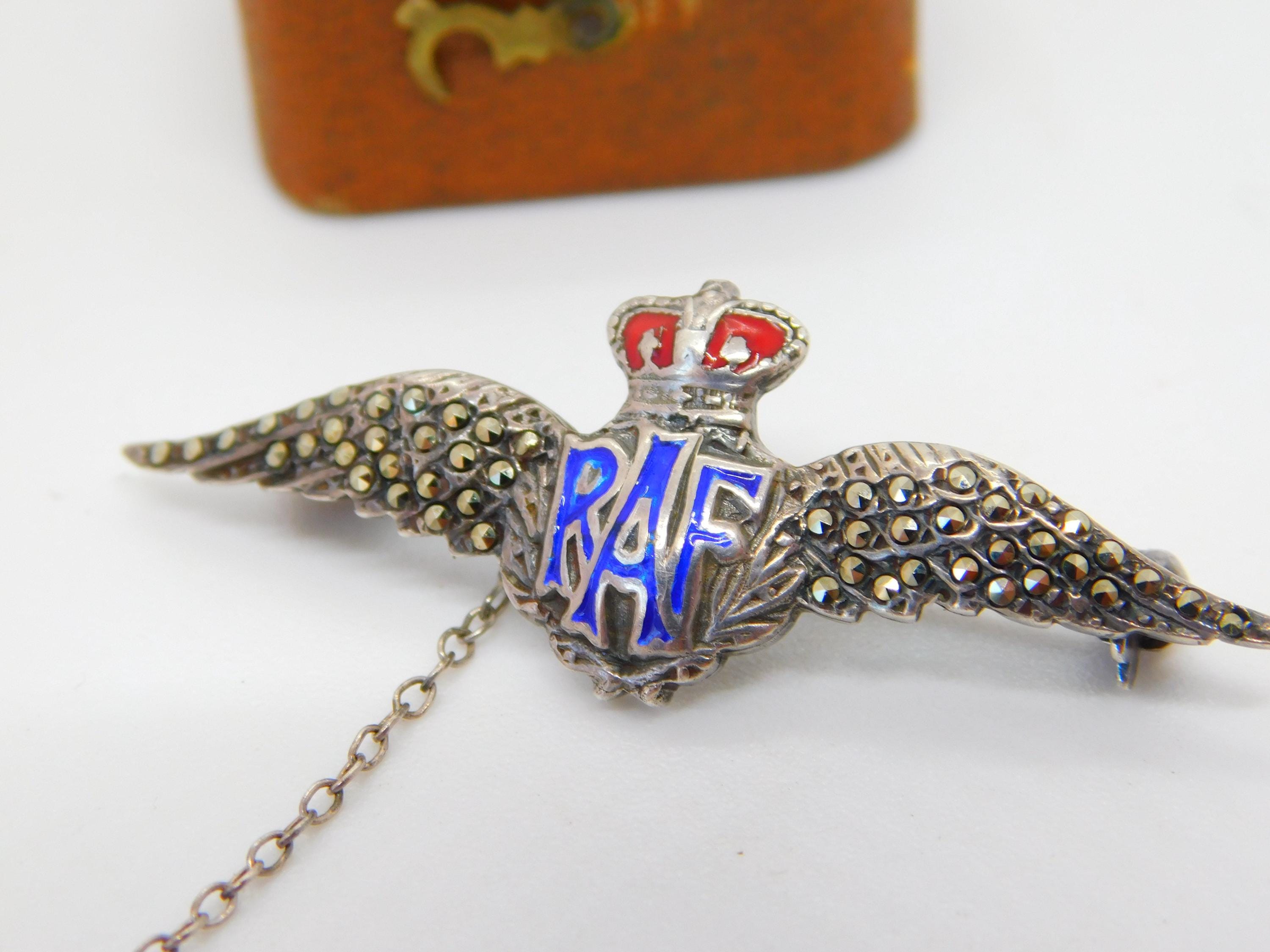 Wwii-era Sterling Silver Enamel & Marcasite RAF Wings Sweetheart Brooch ...