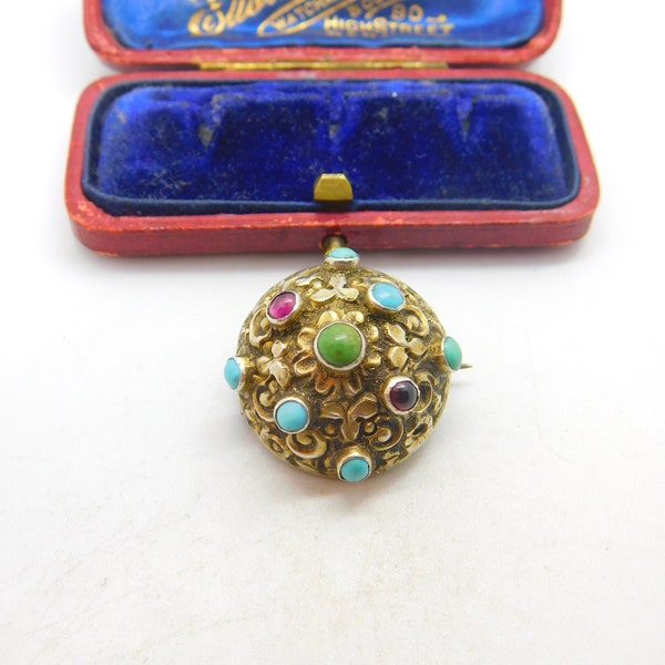 Austrian Early Sterling Silver, Turquoise & Garnet Button Brooch c1840 Antique