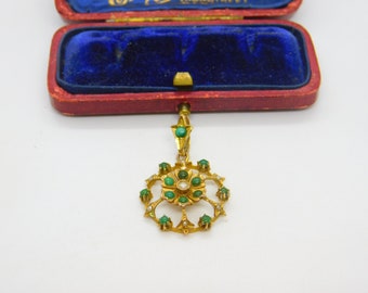 Edwardian 9ct Yellow Gold, Turquoise & Pearl Set Floral Drop Pendant c1910