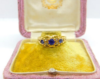 18ct Yellow Gold, Sapphire & Pearl Boat Ring 1911 Chester Antique Art Deco