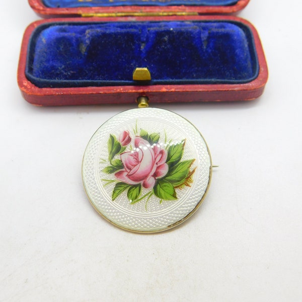 Gold on Sterling Silver Guilloche Rose Flower Enamel Brooch 1912 Birmingham