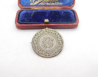 Victorian Sterling Silver CR Monogram Florin Coin Love Token Brooch c1860