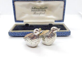 Edwardian Pair of Sterling Silver Miniature Chick Pin Cushions 1910 Birmingham