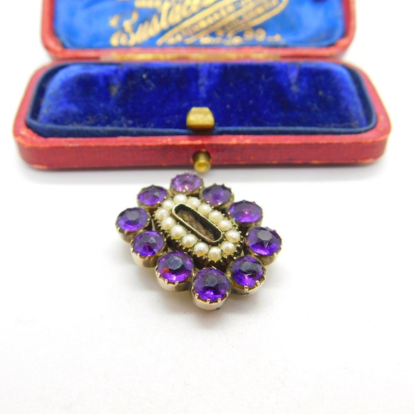 Georgian 9ct Gold, Amethyst & Seed Pearl Mourning Pendant Antique c1820