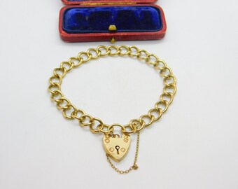 Chunky 9ct Yellow Gold Charm Bracelet with Heart Lock Clasp 1975 Birmingham