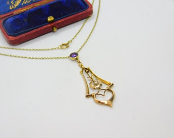 Edwardian 9ct Gold, Amethyst & Pearl Lavalier Drop Necklace on 15ct Gold Chain c1910 Antique