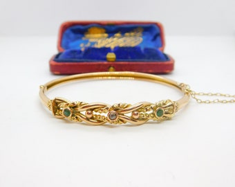 Victorian 9ct Yellow Gold, Emerald & Diamond Set Bangle Bracelet Antique c1880