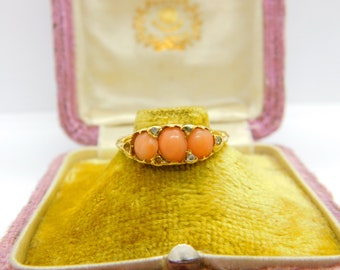 Victorian 18ct Yellow Gold, Red Coral & Diamond Band Ring Antique c1890