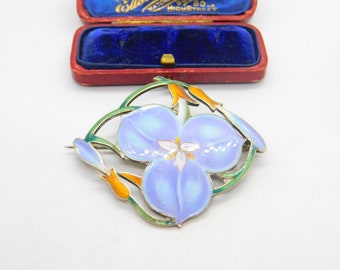 Large Sterling Silver & Colourful Enamel Spring Flower Brooch Pin Antique c1920