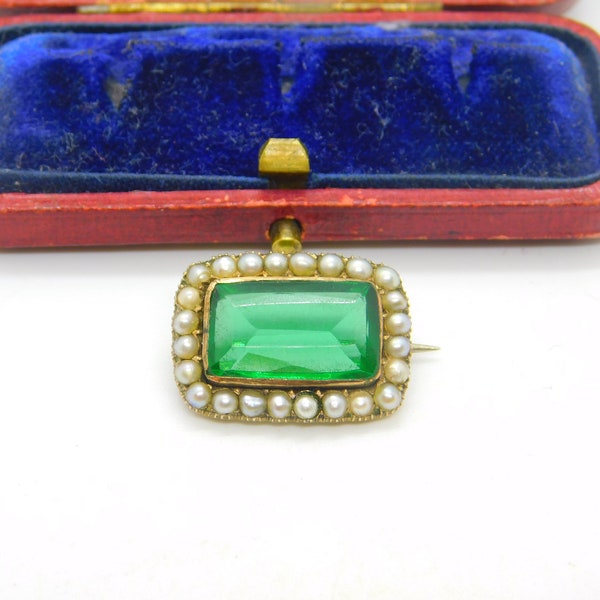 Emerald Paste Seed Pearl in 9ct Yellow Gold Brooch Pin Antique Georgian c1820