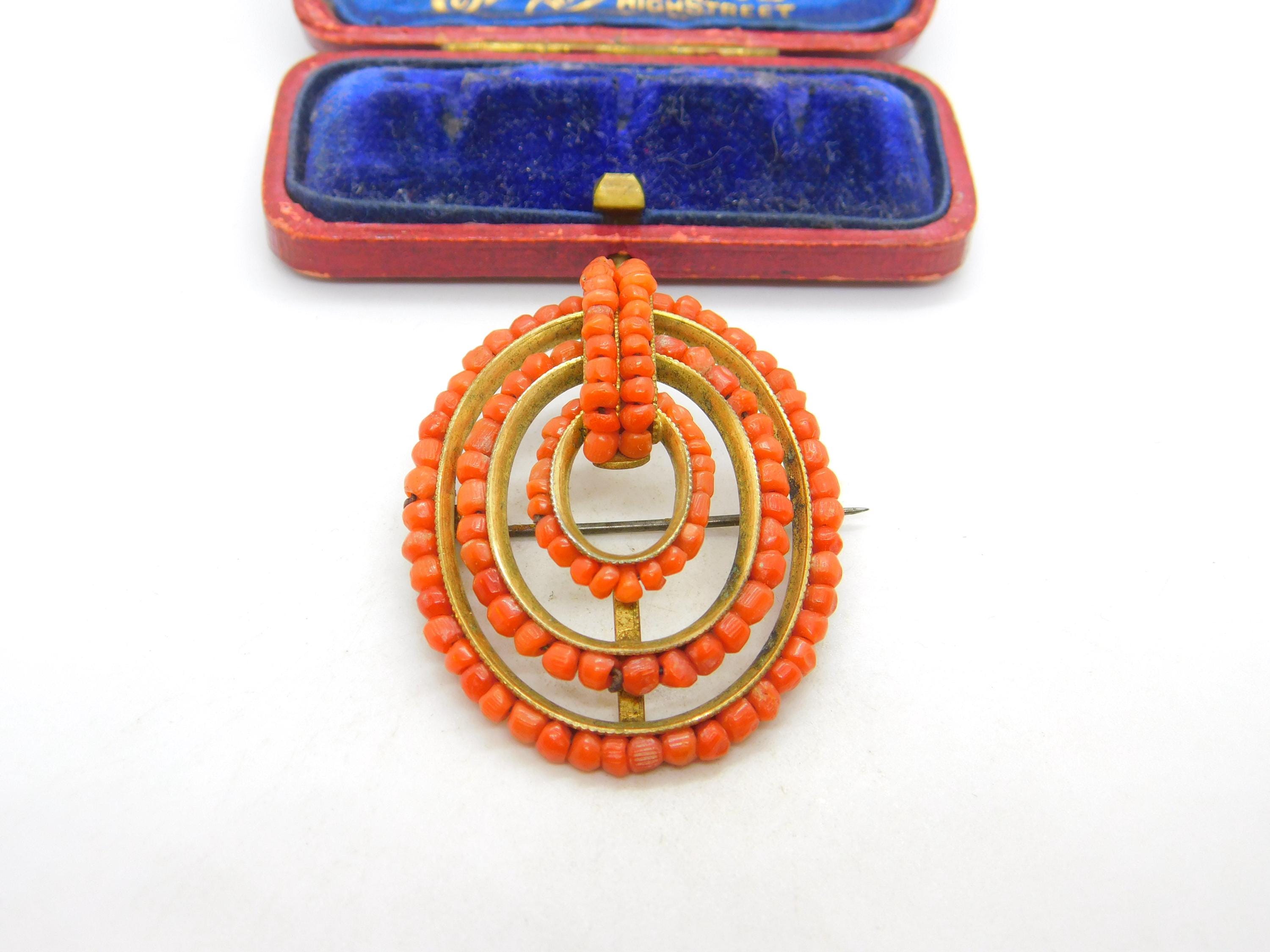 Victorian Yellow Metal & Red Coral Beaded Dress Brooch Pin