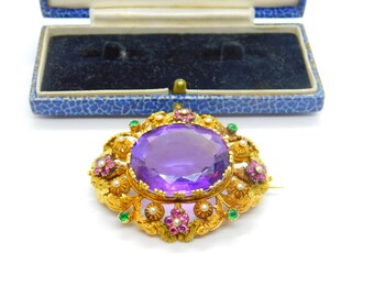 Georgian Cannetille 22ct Gold Amethyst, Ruby, Emerald & Pearl Statement Brooch c1820 Regency