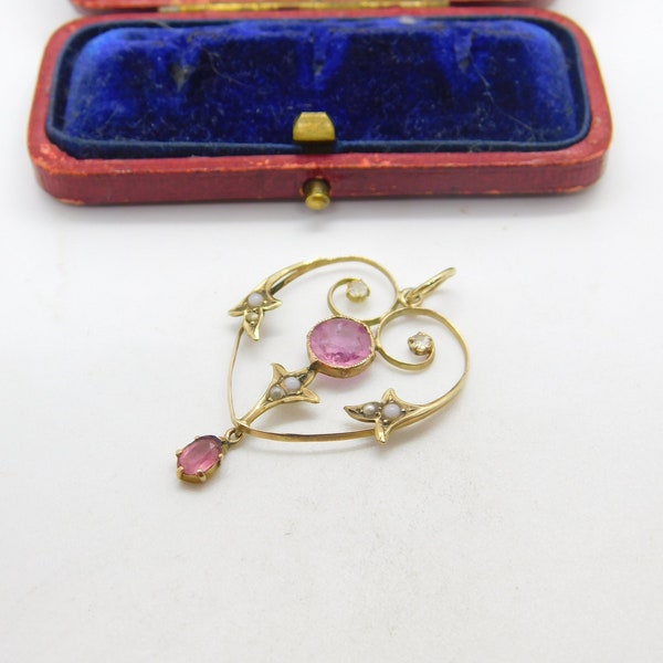 Edwardian 9ct Gold, Pink Topaz & Diamond Paste Lavalier Drop Pendant c1910