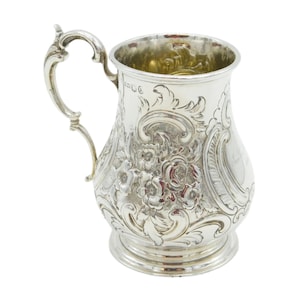 Victorian Scottish Sterling Silver Floral Christening Mug Tankard Antique 1859 Edinburgh