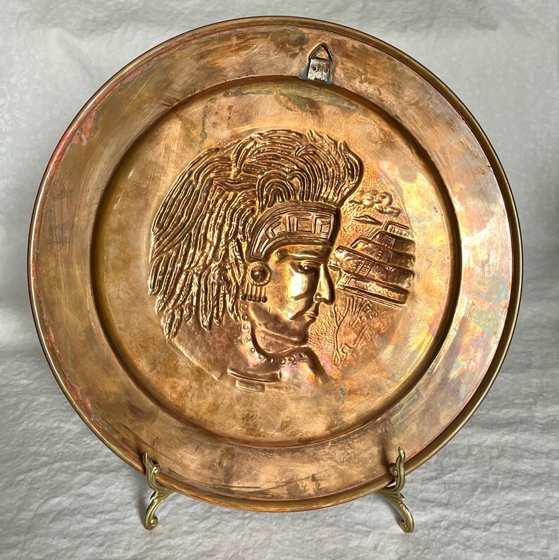 Vintage Mexican Copper Plate Featuring Embossed Design Aztec Mayan Man ...