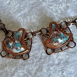 Vintage Concho-bälte och halsband med kopparstämplade rektangulära länkar, shattuckit, turkos, spansk västerländsk navajo