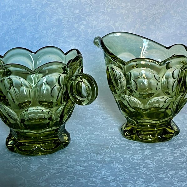 Heisey Imperial Glass Avocado Olive Green Glass Cream and Sugar Whirlpool Thumbprint 2pc