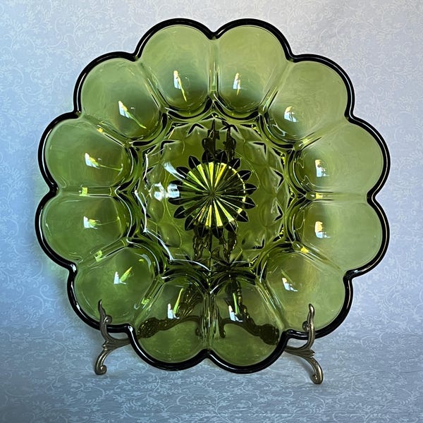 Anchor Hocking Fairfield Avocado Olive Green Deviled Eggs Snack Plate 10"