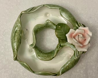 Ring-Shaped Footed Pottery Planter Trinket Decorative Dish Green Pink Rose Vintage