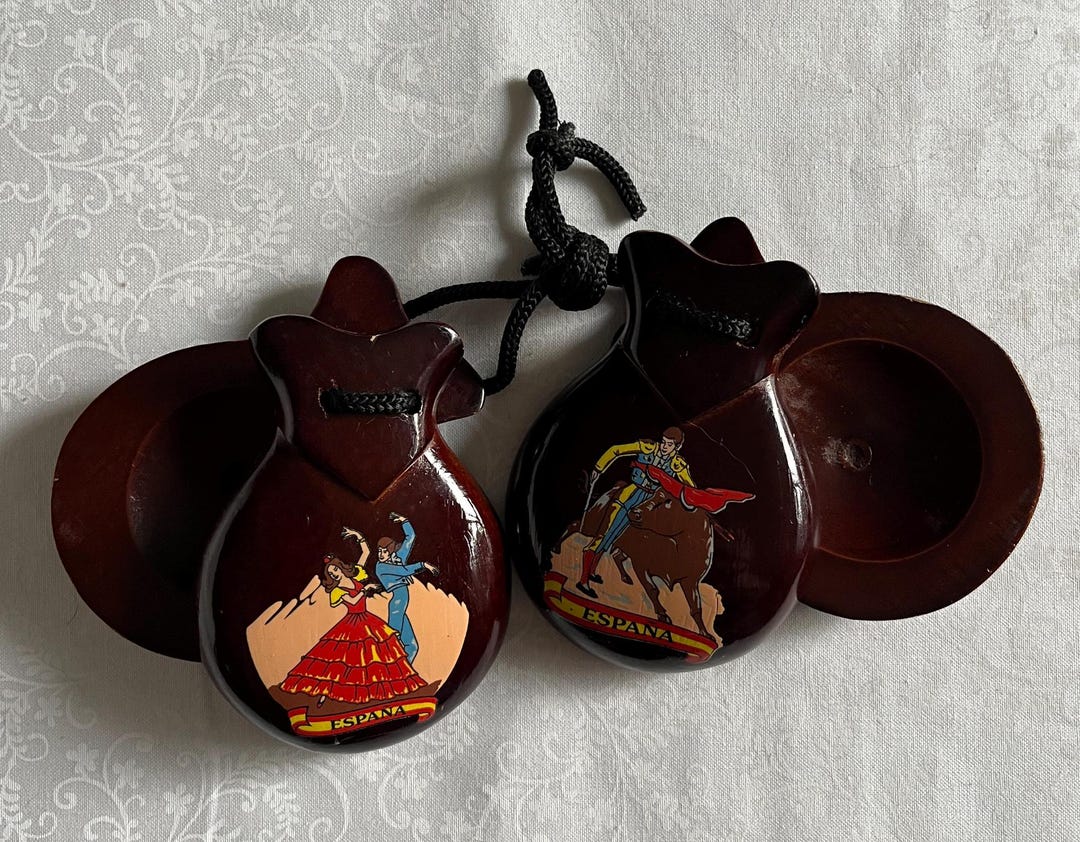 Vintage Brown Wooden Spanish Flamenco Castanets pair With Hand-painted ...