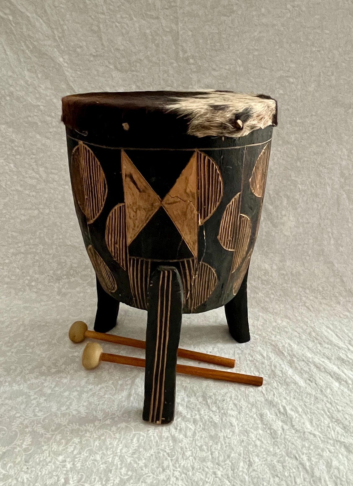 Talipalau 3-legged Hand Carved Animal Skin African Tribal Drum Wooden & Leather ...