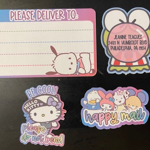 Set di adesivi postali a tema personaggi kawaii retrò! Include etichette per indirizzi, PDT, posta felice