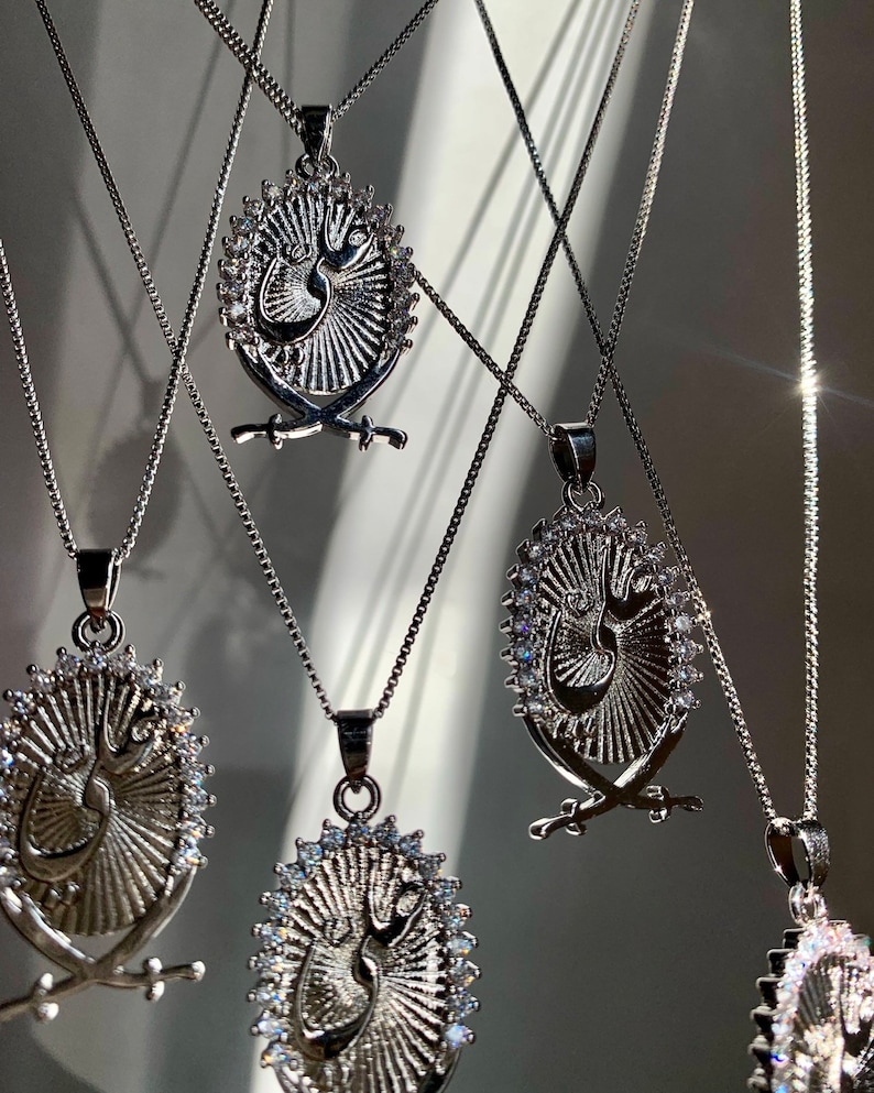 May include: Five silver necklaces with oval pendants featuring a stylized Arabic script design surrounded by a circle of small clear stones. Each pendant has two crossed swords at the bottom.