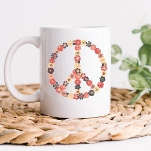 Peace Sign Mug-Peace Sign Coffee Cup-Peace Coffee Mug-Cute Peace Sign Cup-Peace Flower Mug-Peace Flower Cup-Hippie Mug