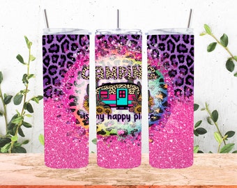 Camping Tumbler-Camping Is My Happy Place-Camper Tumbler-Glamping Gift-Camping Gift For Her-Camping Gift-Faux Glitter Tumbler