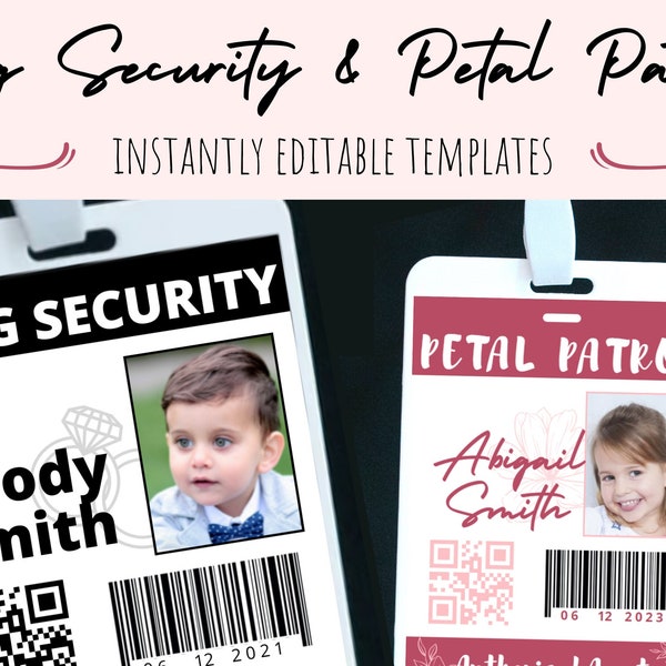 Ring Security and Petal Patrol ID Badge TEMPLATE Bundle for Ring Bearer and Flower Girl