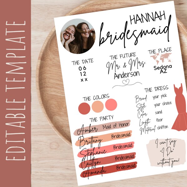 Bridesmaid Proposal Detail and Information Card - Editable CANVA TEMPLATE