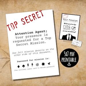 May include: A printable 5x7 inch invitation with a top secret theme. The invitation features a black and white illustration of a person wearing a suit and tie. The text on the invitation reads "Your Mission: Will you be the ring security at our wedding?"
