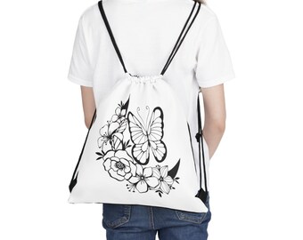 Floral Butterfly Tote Bag, Eco Friendly Cotton Canvas Bags, Shoulder Bag with Botanical Print, Outdoor Drawstring Bag