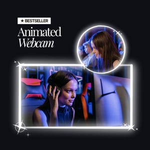 May include: An animated webcam overlay graphic featuring the text Bestseller and Animated Webcam. The design includes a rectangular frame and a circular frame, both glowing with white light, showcasing a person wearing headphones at a computer.