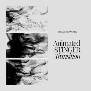 May include: Three rectangular panels display black ink swirling in water against a white background. To the right, the text reads OBS & STREAMLABS ANIMATED STINGER TRANSITION in black, serif and sans-serif fonts on a light gray background.