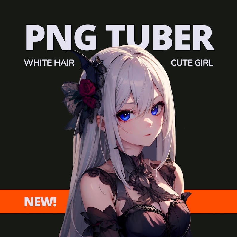 May include: A digital illustration of a cute anime girl with long white hair, blue eyes, and a black lace dress. The text "PNG TUBER" is at the top of the image, and the text "WHITE HAIR" and "CUTE GIRL" are at the bottom of the image.