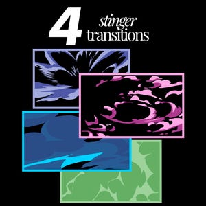 Op de afbeelding: Een digitale grafische weergave met de tekst 4 stinger transitions boven vier rechthoekige kaders. Elk kader bevat een uniek gestileerd animatie-effect in paarse, roze, blauwe en groene tinten tegen een effen zwarte achtergrond.