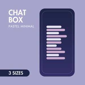 May include: A dark blue chat box with a white border and a gradient effect. The chat box is filled with a series of white and light pink chat bubbles. The text "CHAT BOX" is in white letters above the chat box. The text "PASTEL MINIMAL" is in white letters below the chat box. The text "3 SIZES" is in white letters below the chat box.