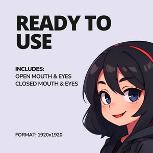 May include: A digital illustration of a girl with black hair and a red headband. She is wearing a black hoodie and has a light pink complexion. The image includes the text "READY TO USE" and "INCLUDES: OPEN MOUTH & EYES CLOSED MOUTH & EYES" and "FORMAT: 1920x1920".