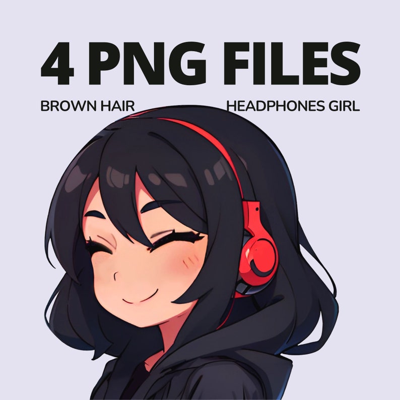 May include: A digital illustration of a girl with black hair and red headphones. She is wearing a black hoodie and has a happy expression on her face.