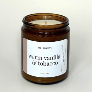 Warm Vanilla and Tobacco Candle 7oz, Vanilla Candle, Tobacco Candle, 100% Soy Candle, Amber Jar Candle, Housewarming Gift