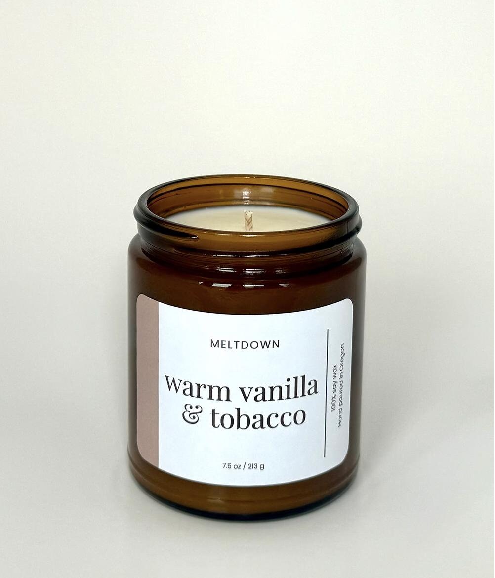 Warm Vanilla and Tobacco Candle 8oz, Vanilla Candle, Tobacco Candle, 100%  Soy Candle, Amber Jar Candle, Housewarming Gift