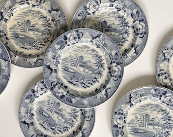Platos antiguos de Wedgwood Transferware con diseño de rosa azul
