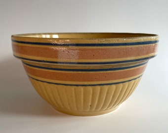 1930s Pink & Blue Stripe Yellowware Mixing Bowl