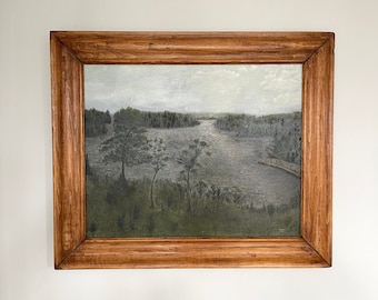 Naive Vintage Original Oil Landscape Painting Cedar Beach