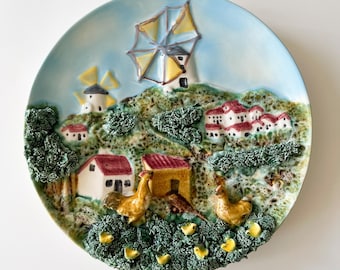 Vintage Caldas Portugal Palissy Ware Village Wall Plate