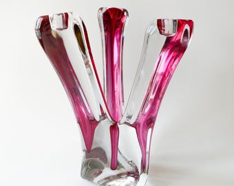 Vintage Val Saint Lambert Sommerso Cranberry Crystal Candelabra