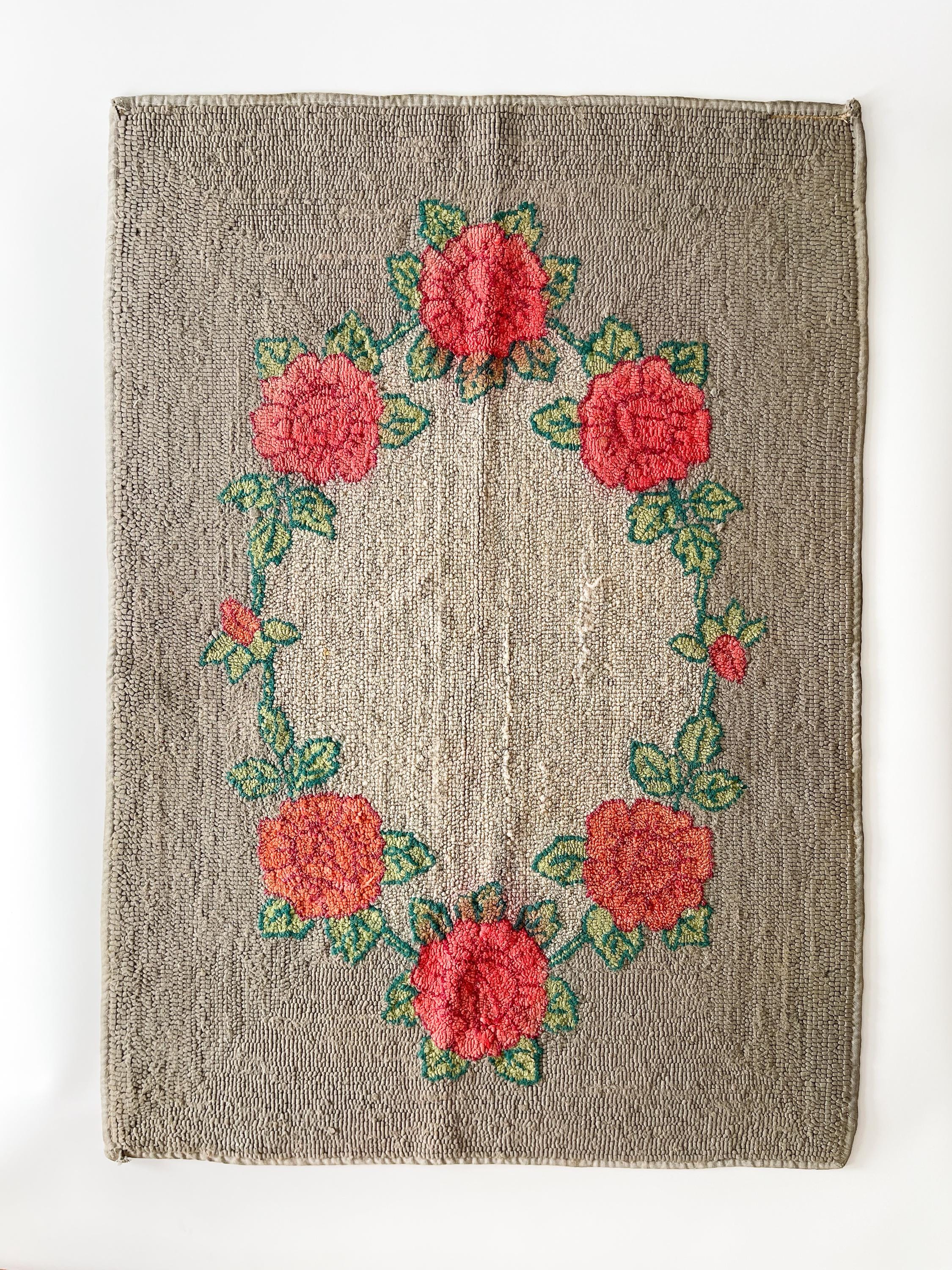 Vintage Hooked Rug With Cabbage Rose Wreath Pattern - Etsy