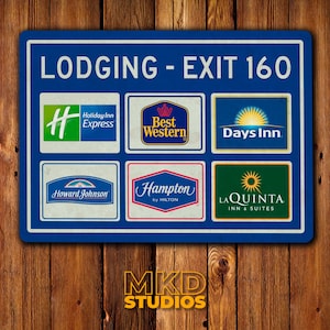 Highway Lodging Sign, Holiday Inn, Hampton, Hilton, Best Western - US Sign, Street Sign, Memorabilia, Traffic, Souvenir, Hotel, B&B