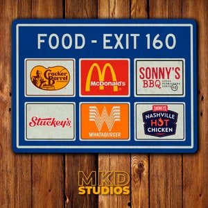 Highway Service Station Sign, Food, Shoneys, McDonalds, Stuckeys, Whataburger - US Sign, Street Sign, Memorabilia, Traffic, Souvenir